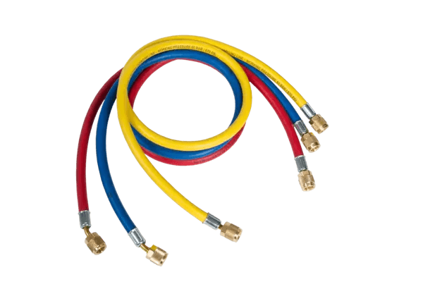 N794-3060 Refco CCL-36 |  Set van 3 slangen | 90 cm | blauw/rood/geel | 1x 1/4" SAE recht | 1x 1/4" SAE haaks met core depressor